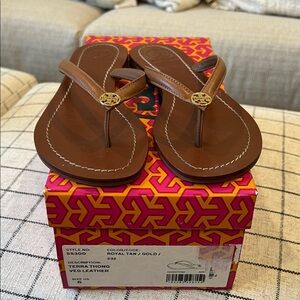Tory Burch Terra Tan and Gold Thong Sandals, size 6